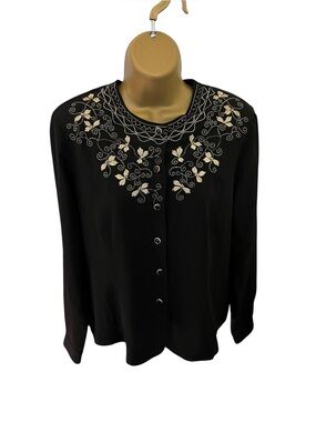 Vintage 80s Christie & Jill Embroidered Button Front Blouse Beaded Black 8